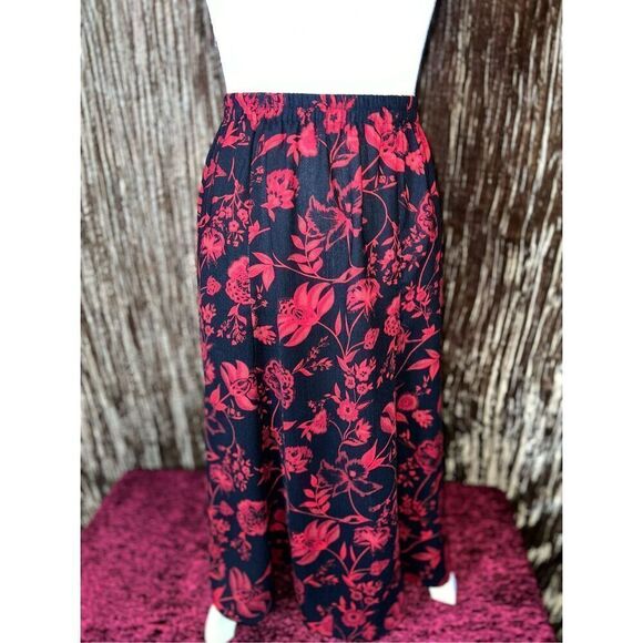 VTG Women’s Red Florals Black Midi Skirt 16W - Picture 1 of 6
